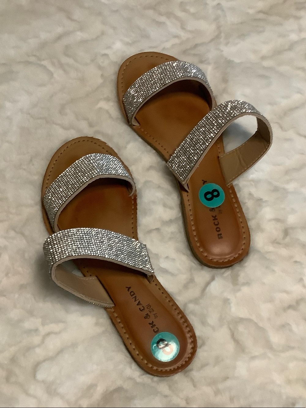 Rhinestone Double-Strap Slide Sandals in Silver